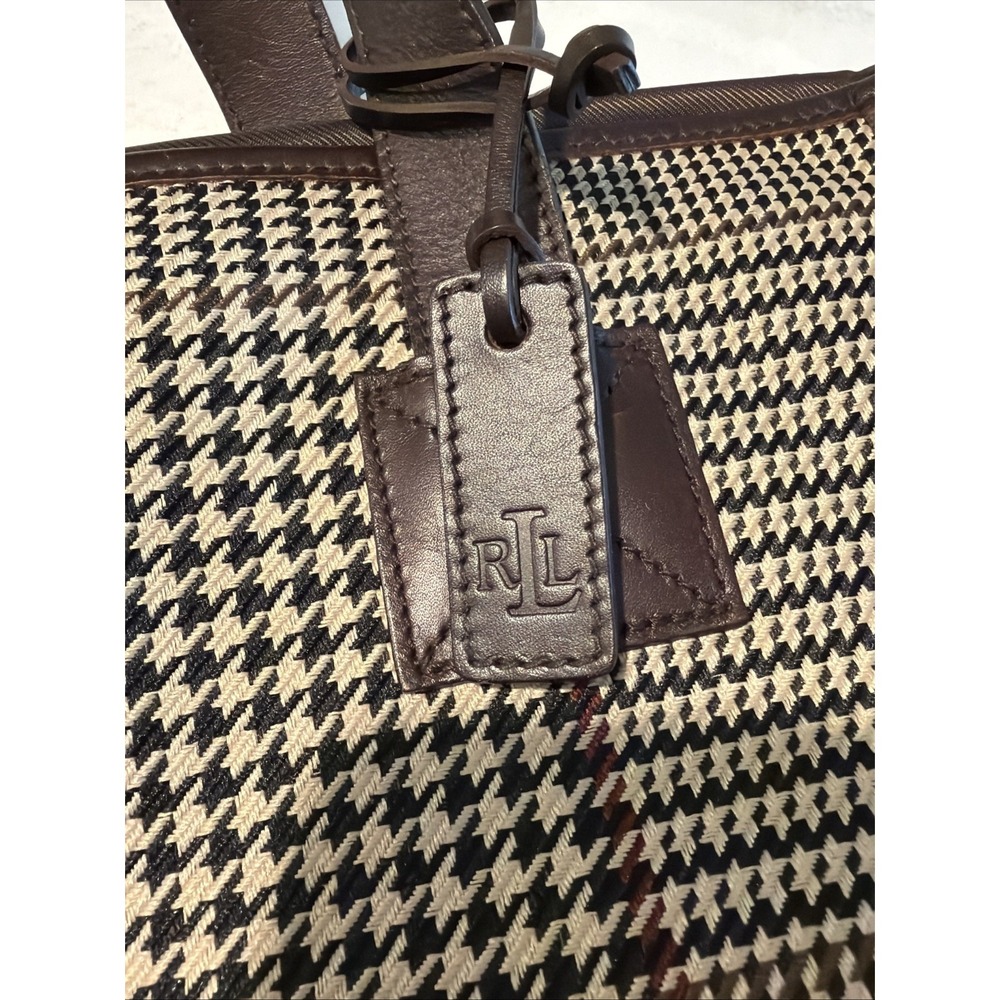 Ralph Lauren Herringbone Plaid Suede Tote Bag Large Brown Leather Handles Laptop - Picture 4 of 16